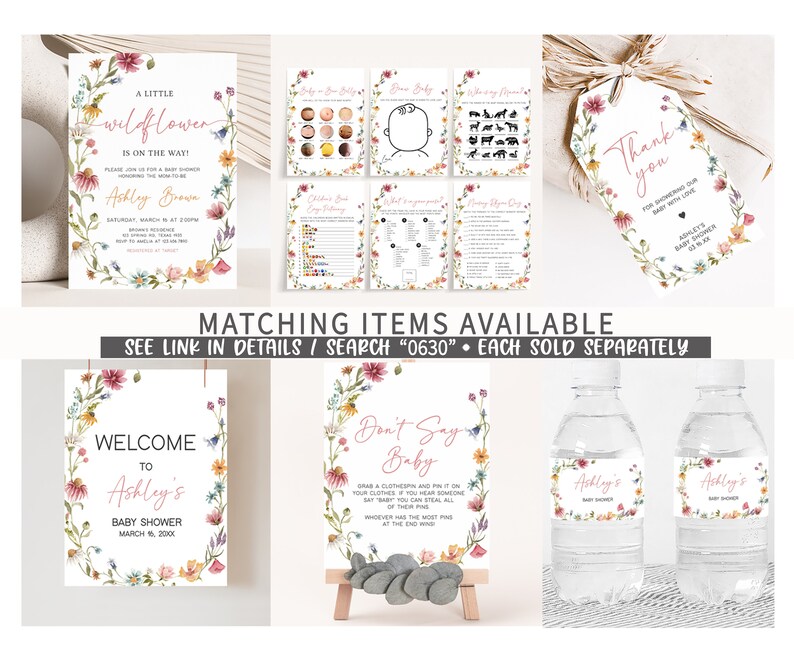 May include: A set of printable baby shower decorations with a floral theme. The decorations include a welcome sign, a don't say baby sign, a thank you tag, and water bottle labels. The text on the signs reads "Welcome to Ashley's Baby Shower" and "Don't Say Baby".