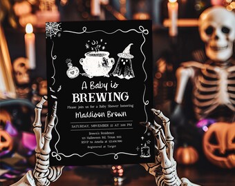 Redigerbar Halloween-babyshowerinbjudan med en bebis bryggs, läskig spöke-babyshowerinbjudan, häxkittel-babyshowerinbjudan, 01152