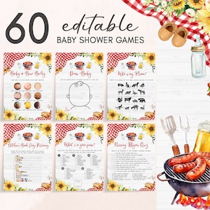 Editable Baby-Q Baby Shower Games Bundle, Sunflower Couples BBQ Baby Shower Game Pack, Gingham BabyQ Backyard Baby Shower Game Template 0817