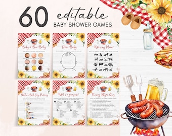 Edytowalny pakiet gier Baby-Q na baby shower, pakiet gier Sunflower Couples BBQ na baby shower, szablon gry BabyQ Backyard na baby shower w kratkę 0817