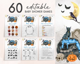 Editable A Baby is Brewing Halloween Baby Shower Games Bundle, Witch Baby Shower Game Pack, Blue Boy Halloween Baby Shower Games Set 0440