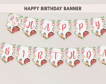 Happy Birthday Banner Farm Birthday Party, Barnyard Birthday Banners, Farm Animals Kids Birthday Decorations, Boy Red Barnyard Animals 318BD