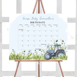 Bearbeitbarer Fälligkeitskalender der blauen Traktor-Babyparty, Babypartykalender auf dem Bauernhof, Geburtstags-Babypartyvorhersage 0323