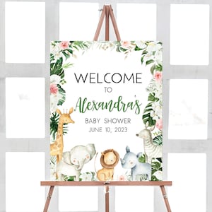 Editable Greenery Safari Baby Shower Welcome Sign, Floral Jungle Baby Shower Welcome Poster, Safari Animals Wild One Baby Shower Sign, 0291 image 1