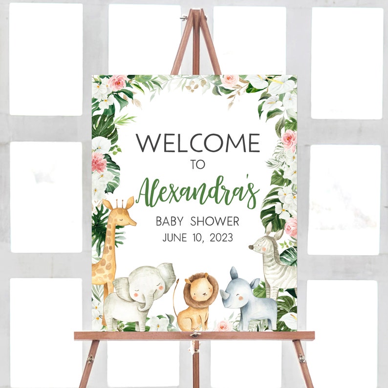 Editable Greenery Safari Baby Shower Welcome Sign, Floral Jungle Baby Shower Welcome Poster, Safari Animals Wild One Baby Shower Sign, 0291 image 1
