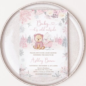 Editable Pink Winter Bear Baby Shower Invitation Bundle, Girl Bear Winter Baby Shower Invite Set, Pink Snowflake Baby It's Cold Outside 0521 image 3