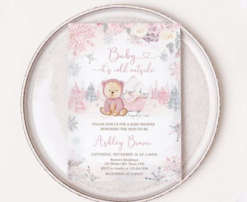 Editable Pink Winter Bear Baby Shower Invitation Bundle, Girl Bear Winter Baby Shower Invite Set, Pink Snowflake Baby It's Cold Outside 0521 image 3