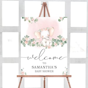 Elefante bebé ducha signo de bienvenida niña, bebé elefante niña bebé ducha cartel de bienvenida, elefante rosa eucalipto plantilla de signo imprimible 0164
