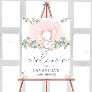 Elephant Baby Shower Welcome Sign Girl, Baby Elephant Girl Baby Shower Welcome Poster, Pink Elephant Eucalyptus Printable Sign Template 0164