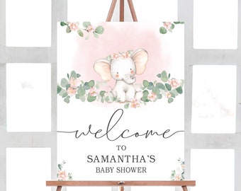 Välkomstskylt för babyshower med elefant och flicka, välkomstaffisch för babyshower med elefant och flicka, mall för utskrivbar skylt med rosa elefant och eukalyptus 0164