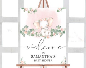 Elephant Baby Shower Welcome Sign Girl, Baby Elephant Girl Baby Shower Welcome Poster, Pink Elephant Eucalyptus Printable Sign Template 0164