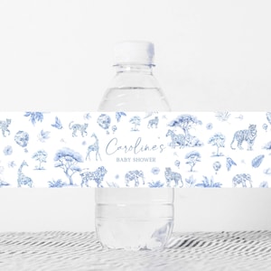 Etiqueta editable para biberón de Toile de Jouy Safari para baby shower, etiqueta de Toile Safari para baby shower, pegatinas para biberón de niño con estampado chinoiserie azul, 01072