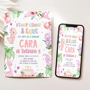 Editable Pastel Dinosaur Birthday Invitation, Girl Dinosaur Party Invitation, Stomp Chomp and Rawr Dinosaur Invite, Girl Dino Party, 40BD
