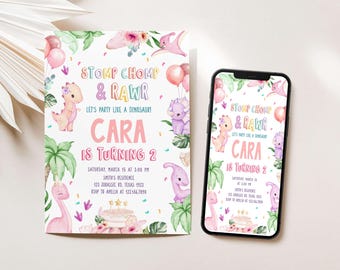 Editable Pastel Dinosaur Birthday Invitation, Girl Dinosaur Party Invitation, Stomp Chomp and Rawr Dinosaur Invite, Girl Dino Party, 40BD