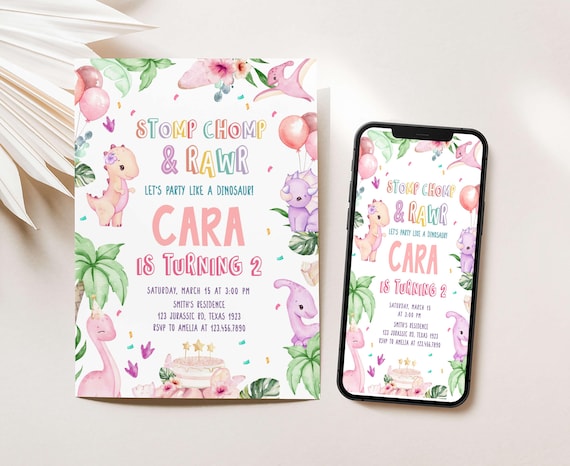 Editable Pastel Dinosaur Birthday Invitation, Girl Dinosaur Party Invitation, Stomp Chomp and Rawr Dinosaur Invite, Girl Dino Party, 40BD