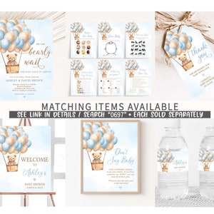 Puede incluir: Un conjunto de decoraciones imprimibles para una fiesta de bienvenida al beb&eacute; con un osito de peluche en un globo aerost&aacute;tico con globos azules y beige. El texto de la invitaci&oacute;n dice "We can bearly wait". El texto del cartel de bienvenida dice "Welcome to Ashley's Baby Shower". El texto de la tarjeta de juego dice "Don't Say Baby".