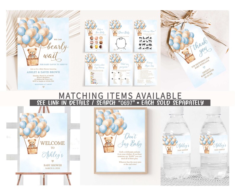 Puede incluir: Un conjunto de decoraciones imprimibles para una fiesta de bienvenida al beb&eacute; con un osito de peluche en un globo aerost&aacute;tico con globos azules y beige. El texto de la invitaci&oacute;n dice "We can bearly wait". El texto del cartel de bienvenida dice "Welcome to Ashley's Baby Shower". El texto de la tarjeta de juego dice "Don't Say Baby".