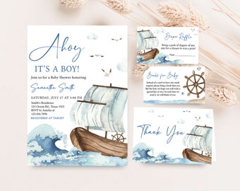 May include: Ahoy It's a Boy! Baby shower invitation featuring a watercolour illustration of a sailboat on blue waves. The invitation includes the date, time, and location of the shower, as well as the name of the honoree, Samantha Smith. The invitation also includes a diaper raffle and a request for books for the baby.