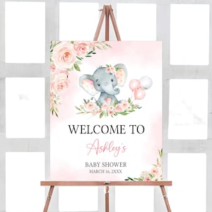 Bearbeitbares Rosa Elefant-Babyparty-Willkommensschild, Mädchen-Elefant-Ballon-Babyparty-Willkommensplakat, Rosa-Ballon-Mädchen-Babypartyschild, 0615