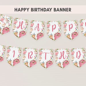 Happy Birthday Banner Girl Farm Birthday Party, Pink Barnyard Birthday Banners, Farm Animals Kids Birthday Decorations Floral Barnyard 321BD