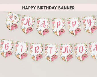 May include: A pink and white banner with a farm animal theme. The banner says "Happy Birthday" in pink letters with a pink pig and a red barn on each flag.