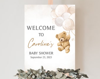 Editable Bear Balloons Baby Shower Welcome Sign We Can Bearly Wait Teddy Bear Baby Shower Welcome Poster Gender Neutral Brown Bear Sign 0419