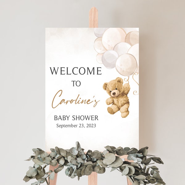 Editable Bear Balloons Baby Shower Welcome Sign We Can Bearly Wait Teddy Bear Baby Shower Welcome Poster Gender Neutral Brown Bear Sign 0419