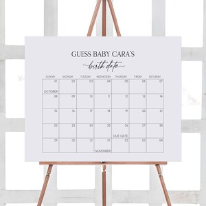 Editable Minimalist Baby Shower Due Date Calendar, Modern Boho Baby Shower Calendar, Black and White Gender Neutral Birthday Prediction 0647 image 1