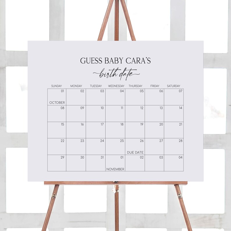 Editable Minimalist Baby Shower Due Date Calendar, Modern Boho Baby Shower Calendar, Black and White Gender Neutral Birthday Prediction 0647 image 1