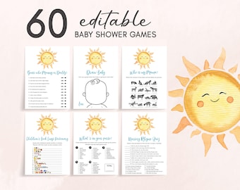 Bearbeitbar Hier kommt der Sohn Baby Shower Spiele Bundle, Boy Boho Sunshine Baby Shower Game Pack, Retro Hier kommt die Sun Baby Shower, 01053