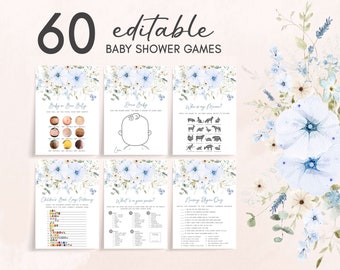 May include: A set of 60 printable baby shower game cards with a blue and white floral design. The cards feature games like "Baby on Board Belly", "Draw Baby", "Who is my Mama?", "Children's Book Bingo", "What's in your purse?" and "Nursery Rhyme Quiz".