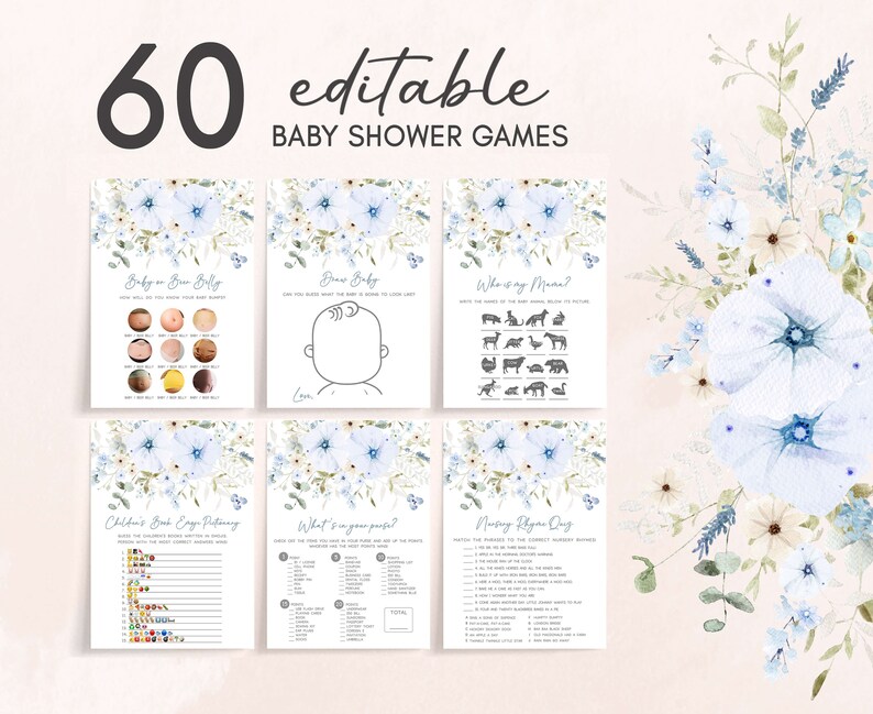 Paquete de juegos editables Baby in Bloom Boy Baby Shower, paquete de juegos de baby shower Dusty Blue Wildflower, juegos de baby shower Boy Spring Flowers, 0684 imagen 1