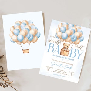 Lot d'invitations modifiables pour baby shower ours montgolfière, ensemble d'invitations baby shower garçon We Can Bearly Wait, baby shower bohème ours bleu, 0700 image 2