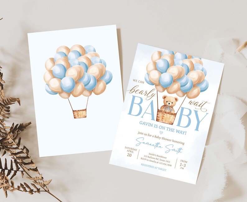 Lot d'invitations modifiables pour baby shower ours montgolfière, ensemble d'invitations baby shower garçon We Can Bearly Wait, baby shower bohème ours bleu, 0700 image 2