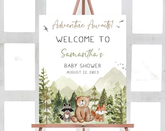 Editable Let the Adventure Begin Woodland Baby Shower Welcome Sign, Forest Mountain Baby Shower Welcome Poster Boy Adventure Woodland, 0481