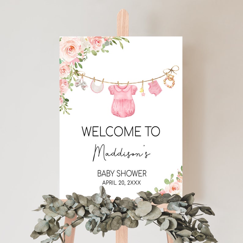 Editable Girl Baby Clothes Baby Shower Welcome Sign, Pink Boho Baby Shower Welcome Poster, Sweet Baby Girl Baby Shower Address Sign, 0649 image 1