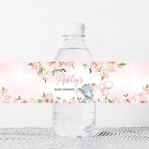 Edytowalna etykieta na butelkę z różowym słoniem na baby shower, etykieta na wodę na balon z dziewczynką słoniem, naklejki na butelkę z wodą z różowym balonem 0615 zdjęcie 1