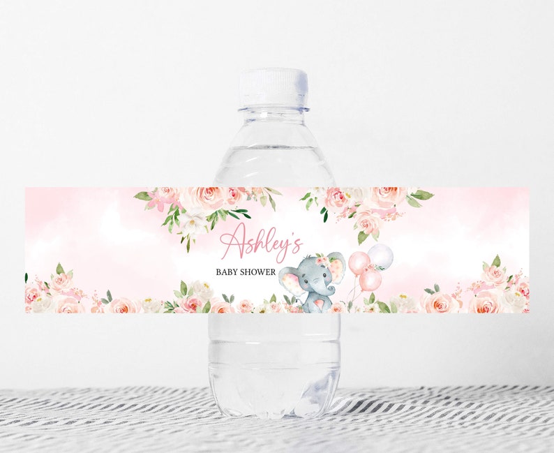 Edytowalna etykieta na butelkę z różowym słoniem na baby shower, etykieta na wodę na balon z dziewczynką słoniem, naklejki na butelkę z wodą z różowym balonem 0615 zdjęcie 1