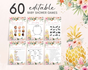 Editable Gold Pineapple Baby Shower Games Bundle, Pink Floral Aloha Baby Shower Game Pack, Girl Hawaiian Tropical Baby Shower Games, 0762