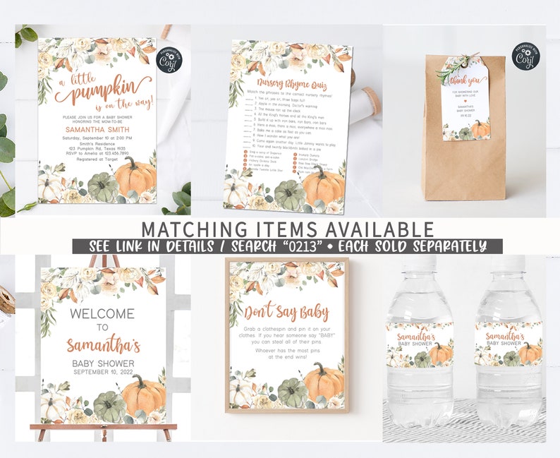 Puede incluir: Decoraciones para baby shower con tem&aacute;tica de calabaza. Incluye invitaciones, un cuestionario, etiquetas de regalo, un letrero de bienvenida, un juego y etiquetas para botellas de agua. El texto incluye "A little pumpkin is on the way!" y "Samantha's Baby Shower."
