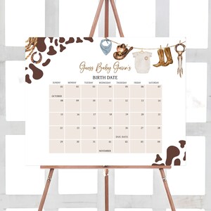 Editable Cowboy Baby Shower Due Date Calendar, Wild West Rodeo Baby Shower Calendar, Western Country Baby Shower Birthday Prediction, 0722