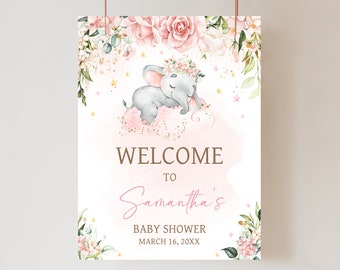 Editable Pink Elephant Baby Shower Welcome Sign, Pink Floral Elephant Baby Shower Welcome Poster, Pink Flowers Girl Baby Shower Sign, 0635