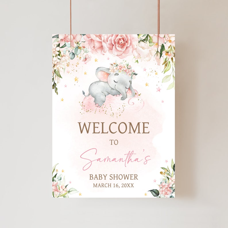 Signo de bienvenida de baby shower de elefante rosa editable, cartel de bienvenida de baby shower de elefante floral rosa, signo de baby shower de niña de flores rosas, 0635 imagen 1