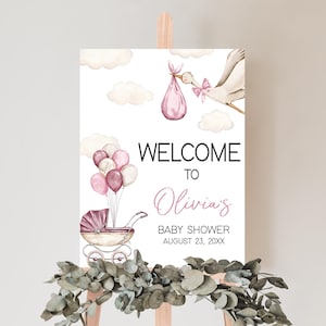 Editable Pink Stork Baby Shower Welcome Sign, Special Delivery Baby Shower Welcome Poster, Boho Baby Carriage Girl Baby Shower Sign, 01091