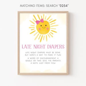 Late Night Diapers Sign Girl Sunshine Baby Shower, A Little Ray of Sunshine Baby Shower Diaper Thought Sign, Boho Pink Sun Baby Shower, 0254