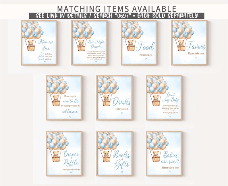 May include: Ten printable signs for a baby shower with a blue and brown colour scheme. The signs feature a teddy bear in a hot air balloon with blue and brown balloons. The signs include: "Mow esa Bar", "Late Night Diepers", "Drinks", "Food", "Don't Say Baby", "Diaper Raffle", "Books & Gifts", "Babies are sweet", "Favors", and "Please help the mom-to-be by making yourself the addressee".