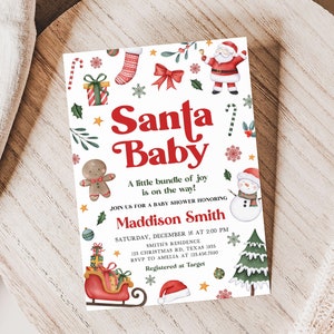 Editable Santa Baby Christmas Baby Shower Invitation, Gender Neutral Christmas Santa Baby Shower Invite, Winter Baby Shower Invitation, 0555 image 1