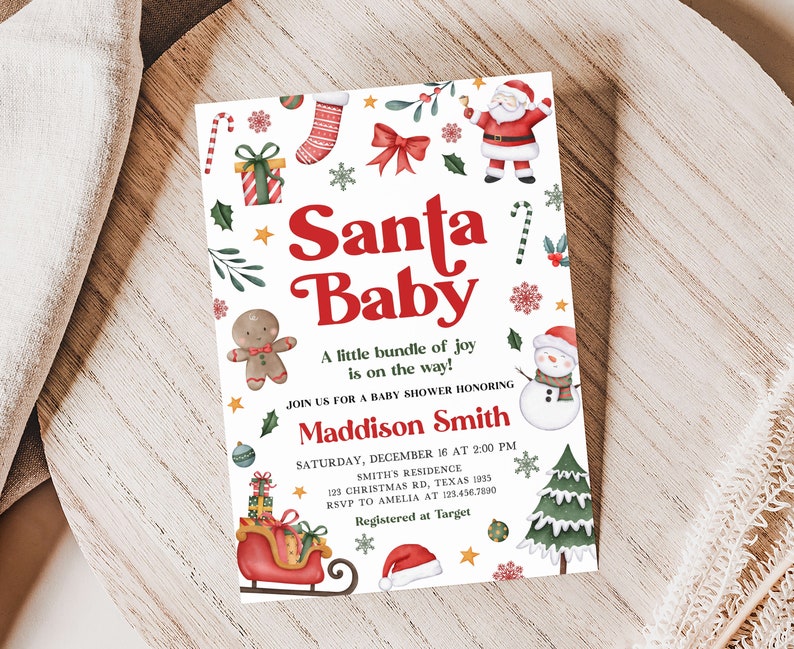 Editable Santa Baby Christmas Baby Shower Invitation, Gender Neutral Christmas Santa Baby Shower Invite, Winter Baby Shower Invitation, 0555 image 1