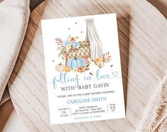 Editable Falling in Love Baby Shower Invitation, Autumn Blue Floral Crib Baby Shower Invite, Boy Fall Pumpkin Baby Shower Invitation, 0829