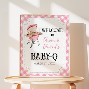 Bearbeitbares Rosa BBQ Babyparty Willkommensschild, Mädchen Baby-Q Babyparty Willkommensposter, Brötchen im Ofen und Burger im Grill Babyparty 0743